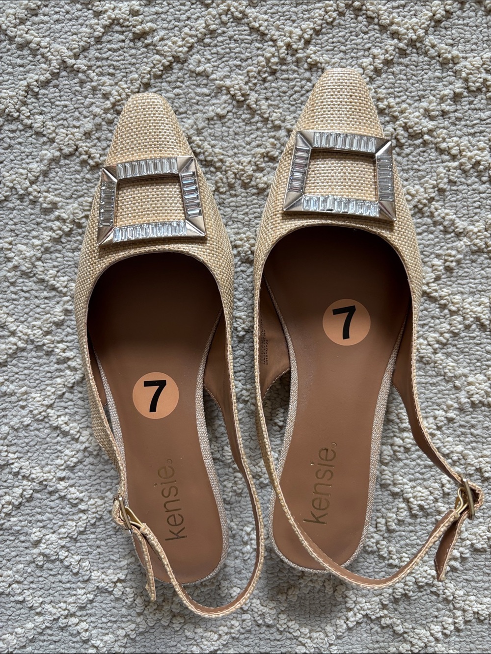 Kensie Beige Textured Slingback Flats with Crystal Buckle